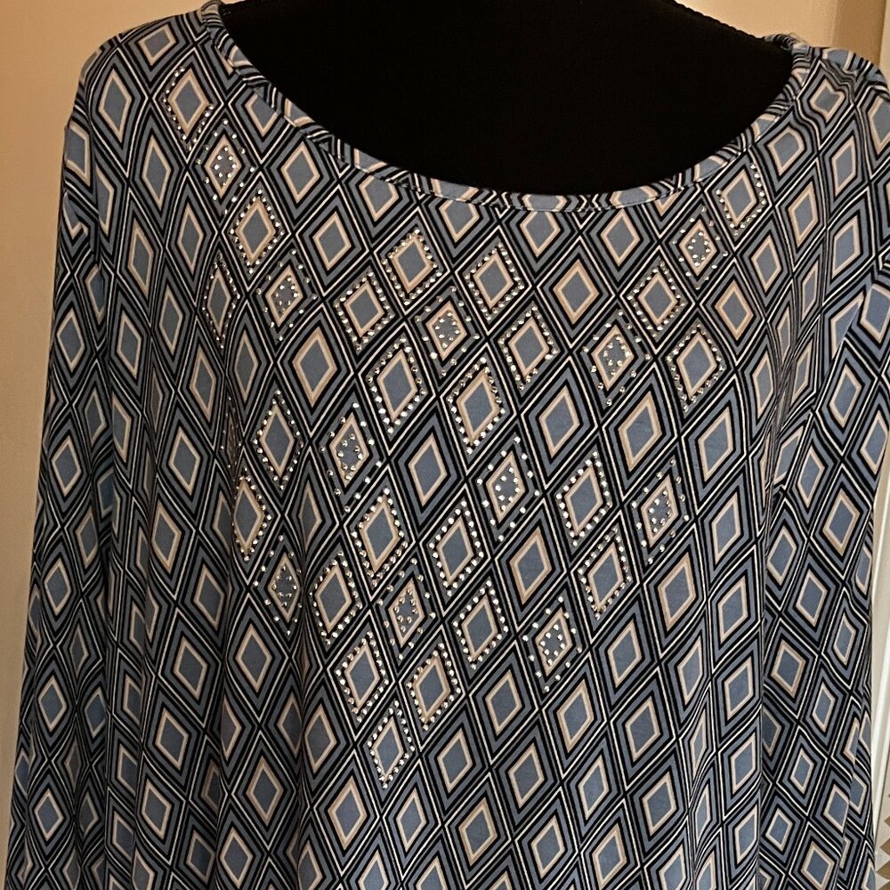 Tunic blouse JM Collection size XL - navy, light blue, beige with beading